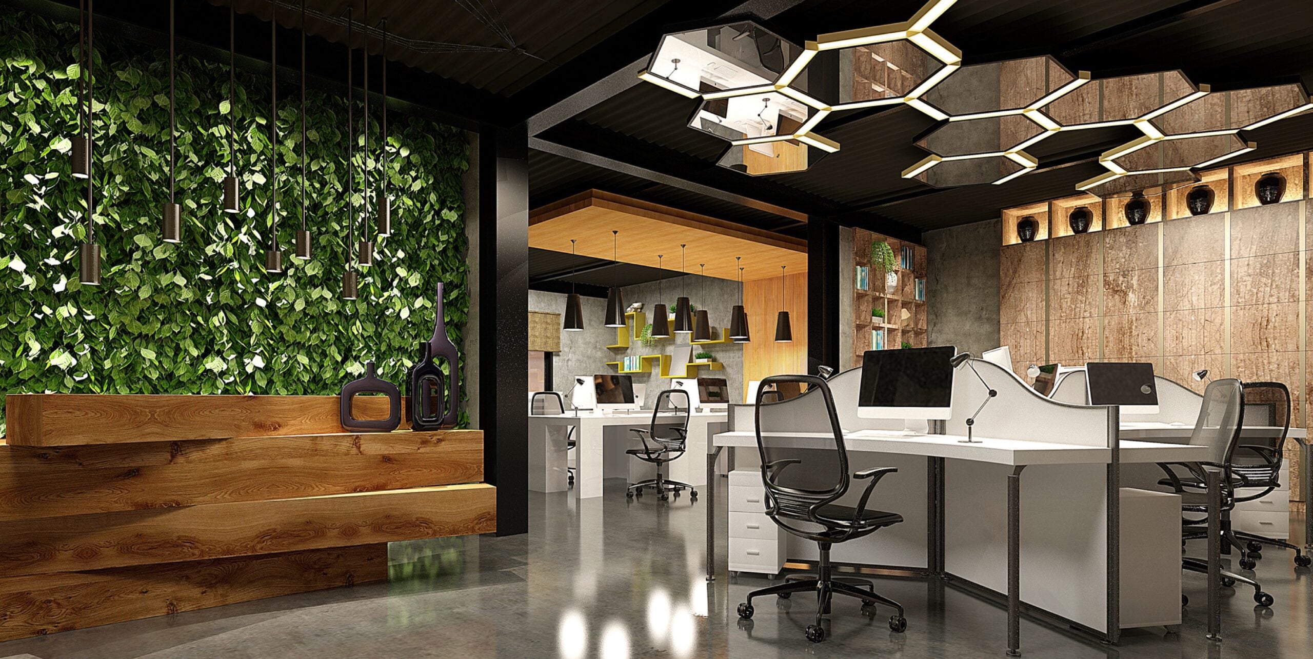 A modern office space, ideal for a Technology Recruiter, features sleek white desks with computers and ergonomic chairs. The ceiling sports geometric pendant lights, while one wall boasts a lush green vertical garden. Wooden and metallic elements combine to create a contemporary look.